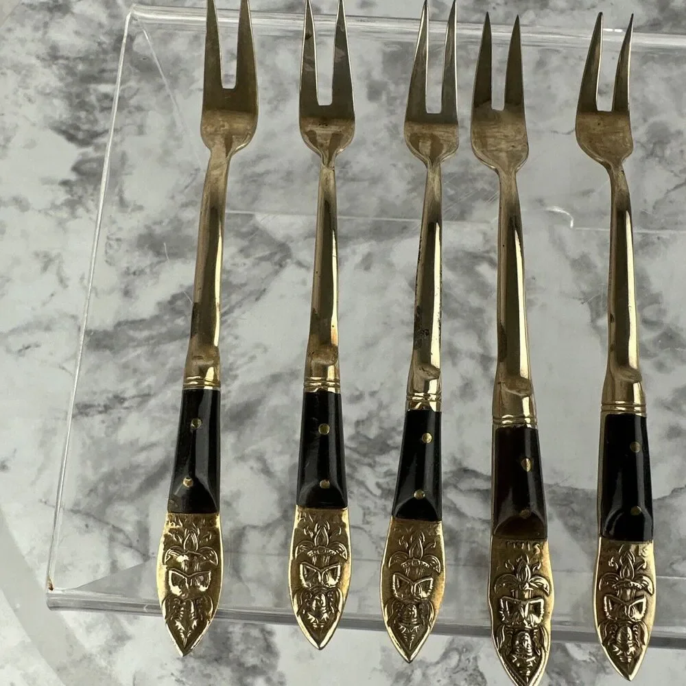 Vintage Mid Century Modern Siam‎ Appetizer Forks 9 Piece Brass Thailand Buddha